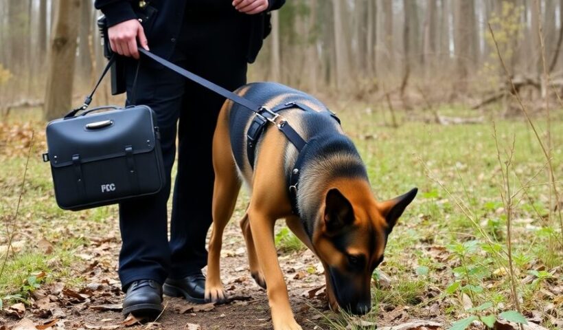 Policista se psem při vyšetřování v přírodě.