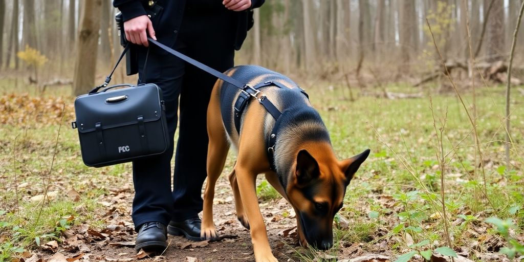 Policista se psem při vyšetřování v přírodě.