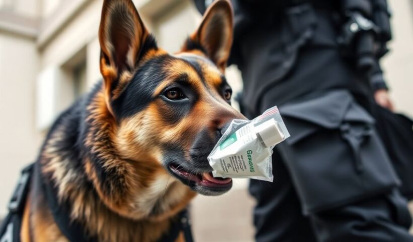 Policista se psem při hledání drog.