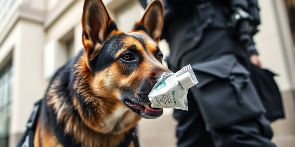 Policista se psem při hledání drog.