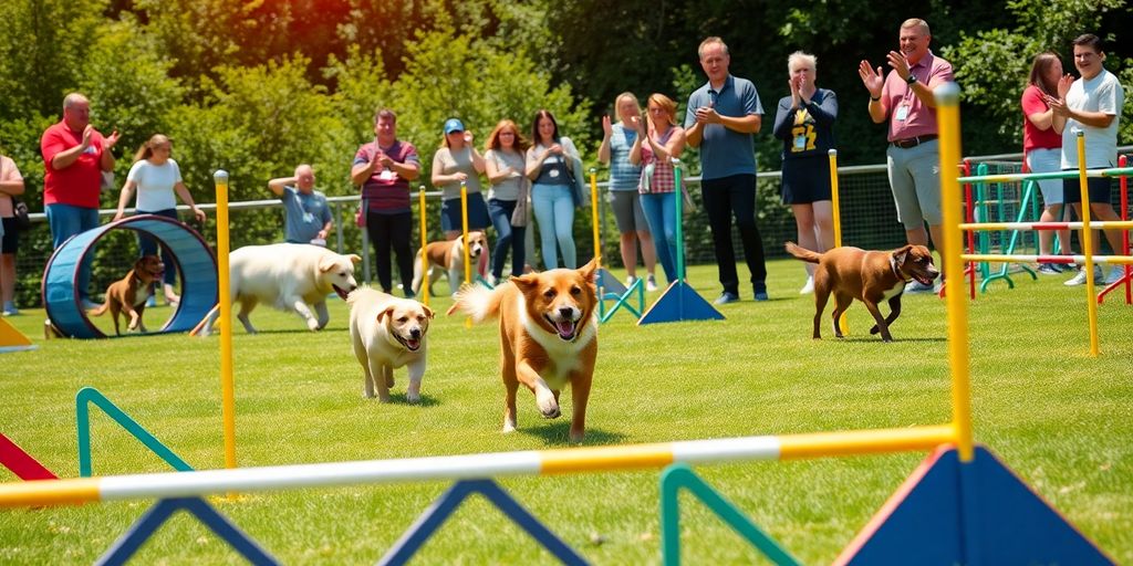 Psi překonávající agility překážky na soutěži.