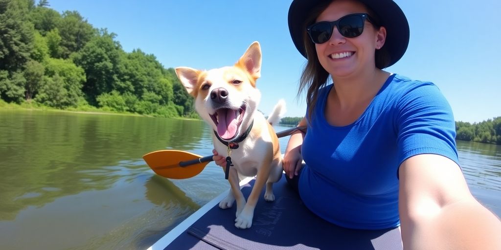 Pes na paddleboardu s majitelem na jezeře.