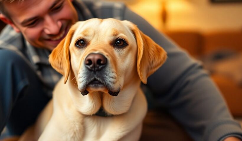 Labrador sedí vedle svého majitele, oba šťastní.