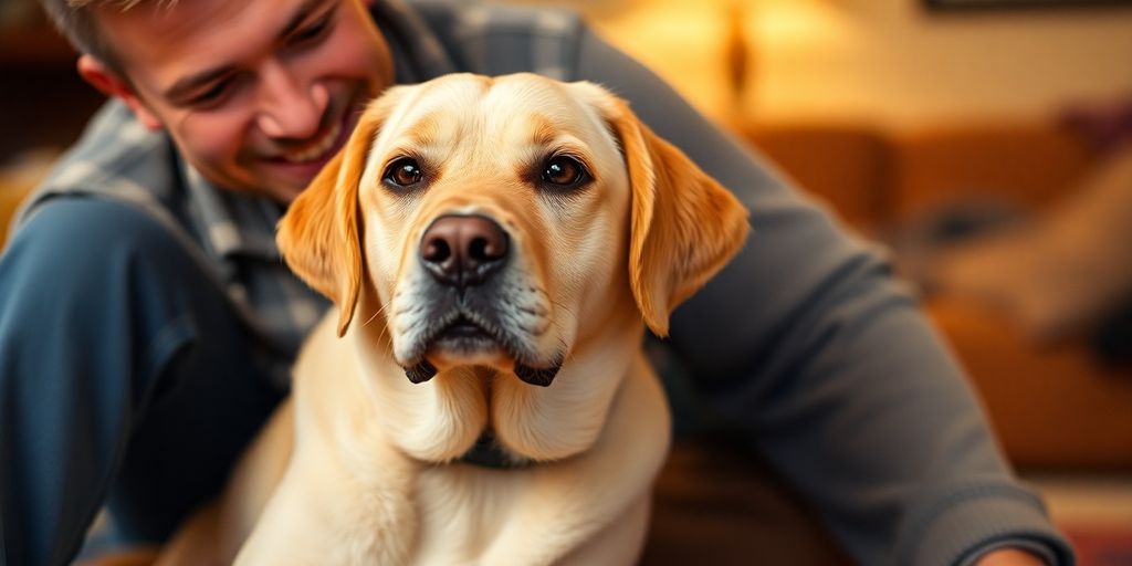 Labrador sedí vedle svého majitele, oba šťastní.